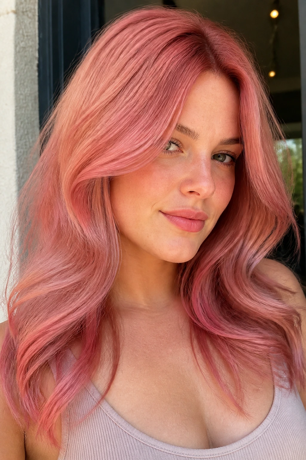 Portrait of a real woman with pink-peach papaya hair and cherry tint