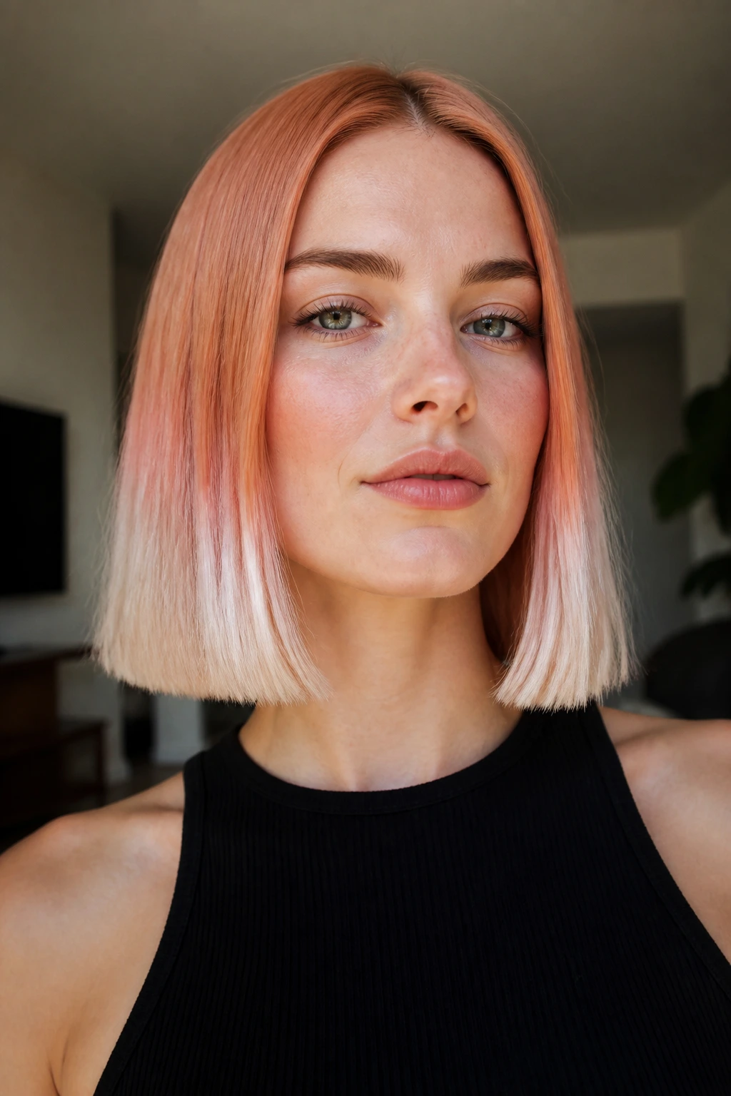 Close-up of a real woman with Papaya Chrome Ends in metallic chrome on blunt-cut hair.