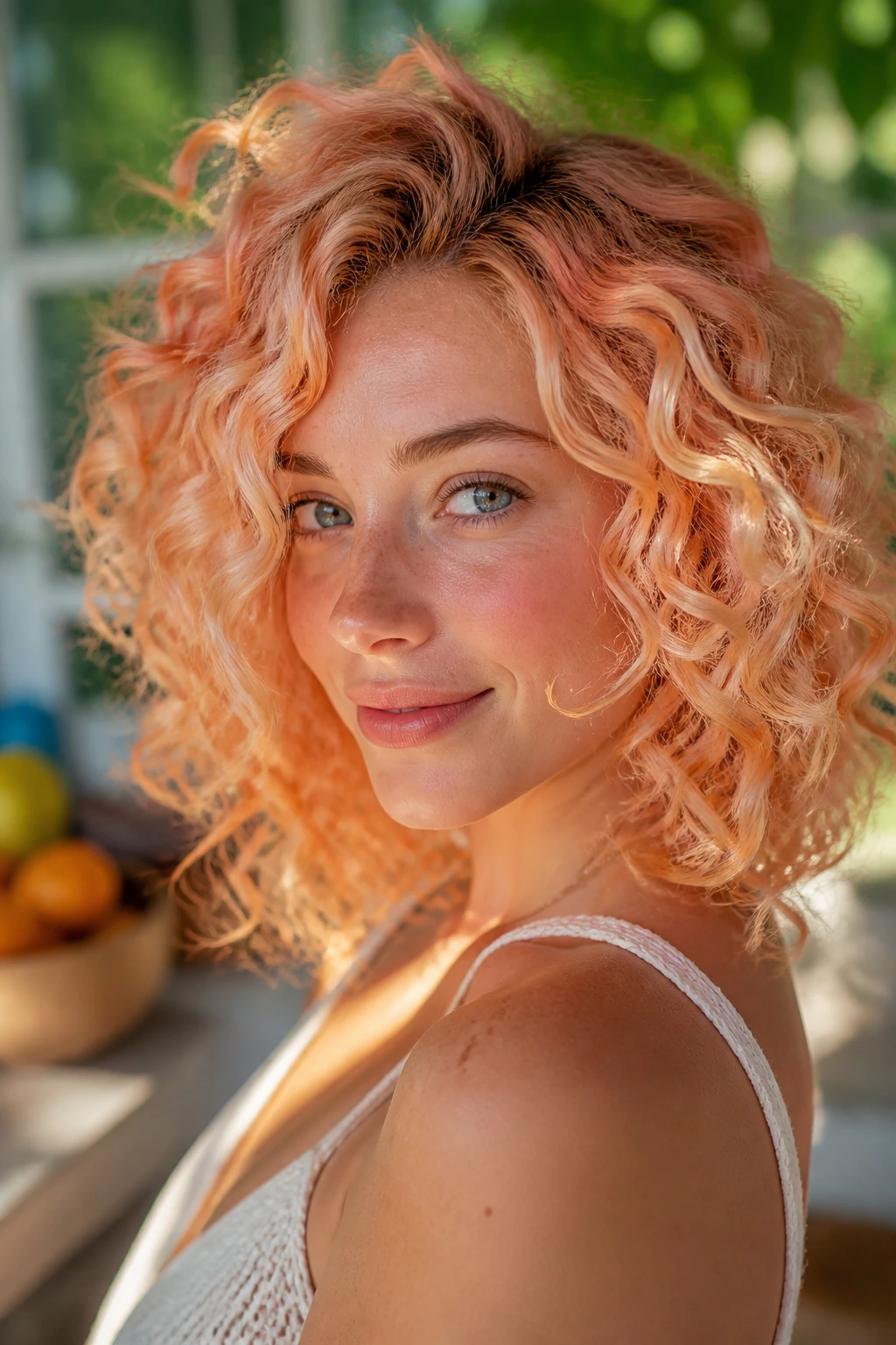 Portrait of a real woman with Papaya Creamsicle Curls in cream and peach tones.