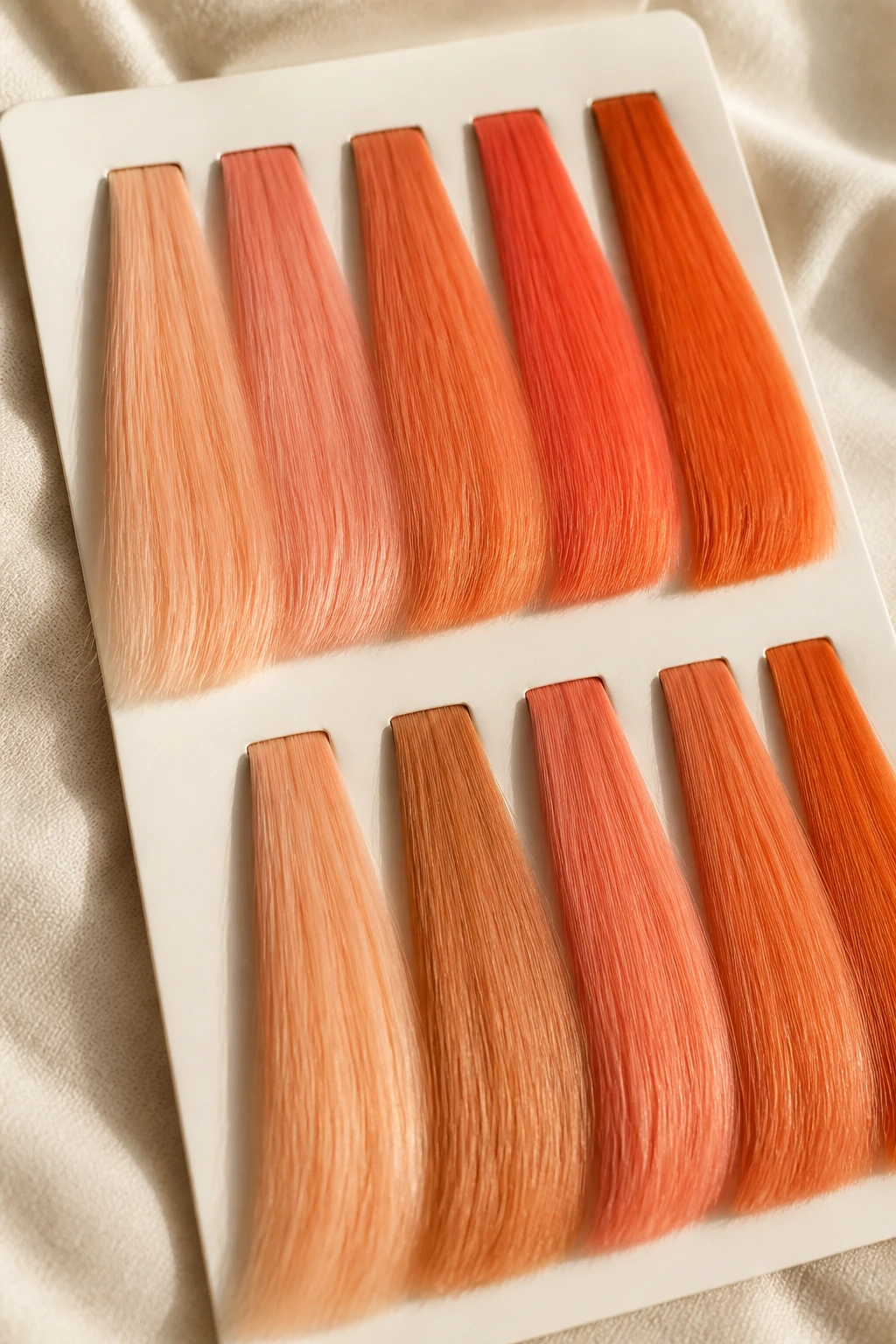 Close-up of peach and coral hair color swatches on branding-free card