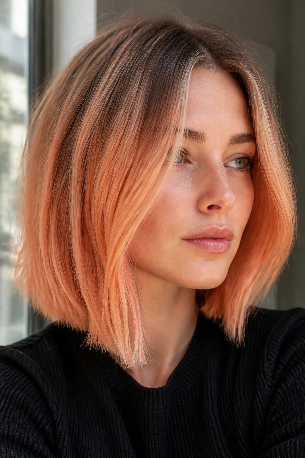 Real person with papaya-glazed lob and shadow root