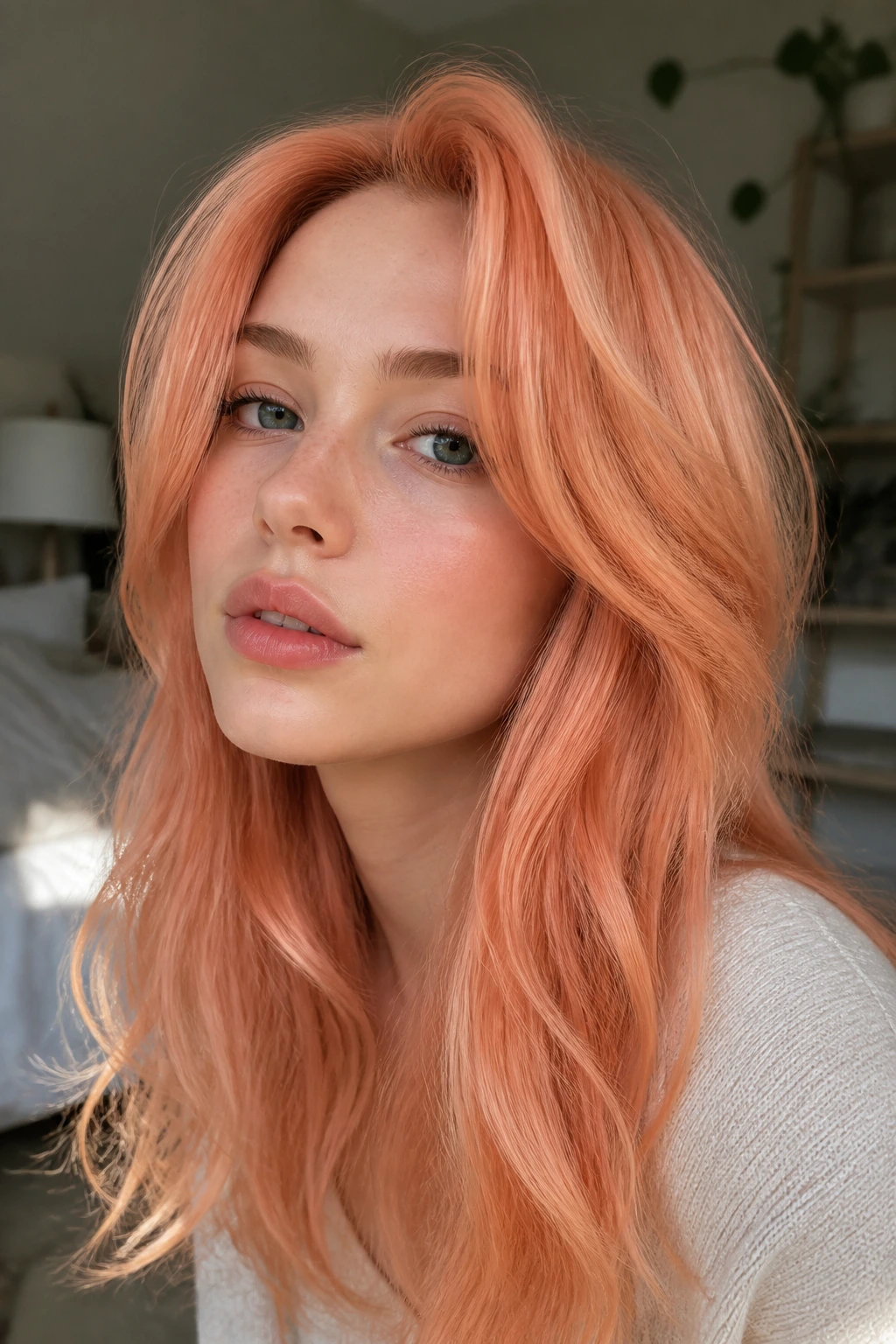 Close-up portrait of a real person with cool-toned papaya hair color
