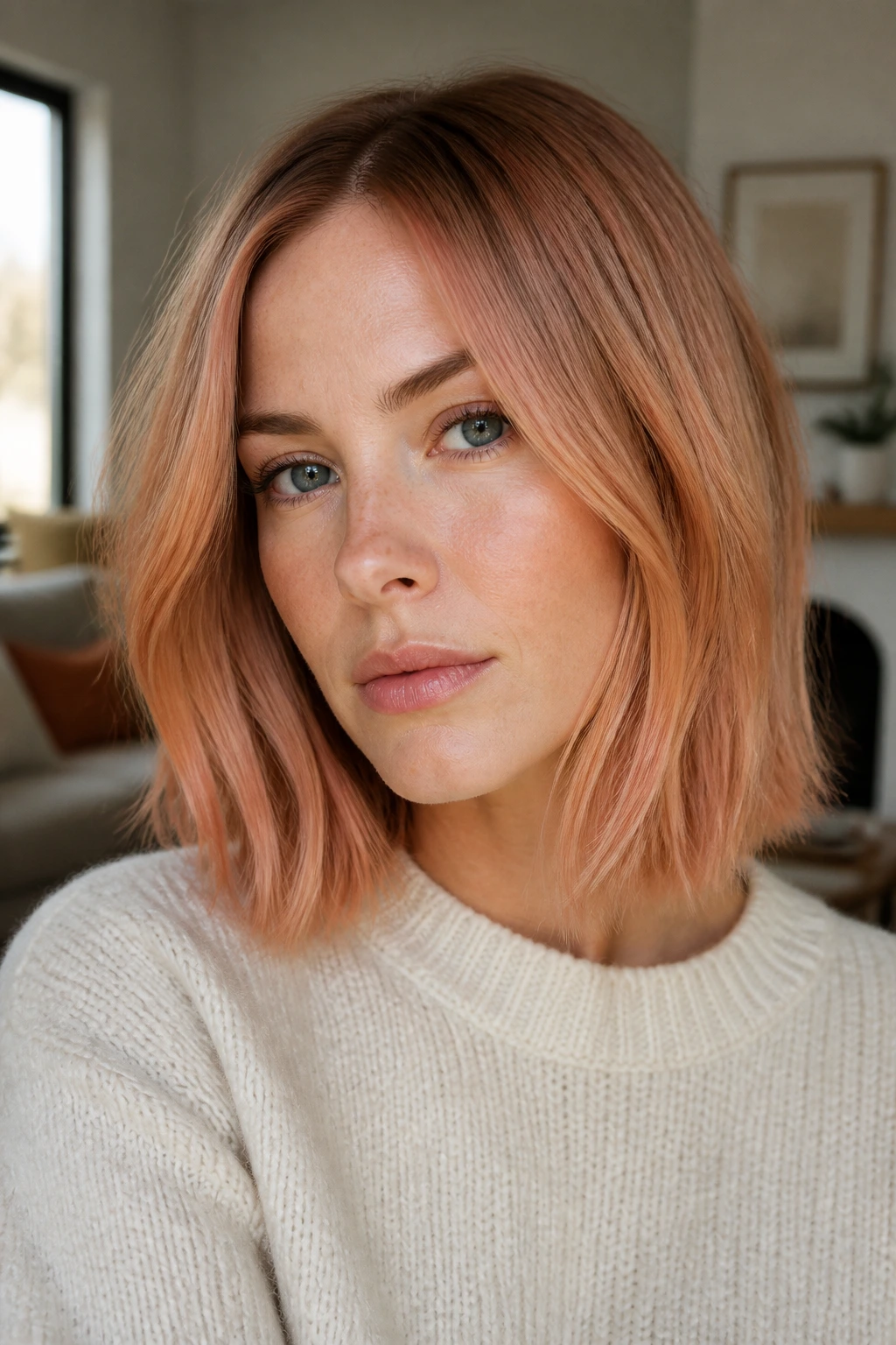 Close-up portrait of a real woman with smoke-toned papaya lob on cool-toned skin
