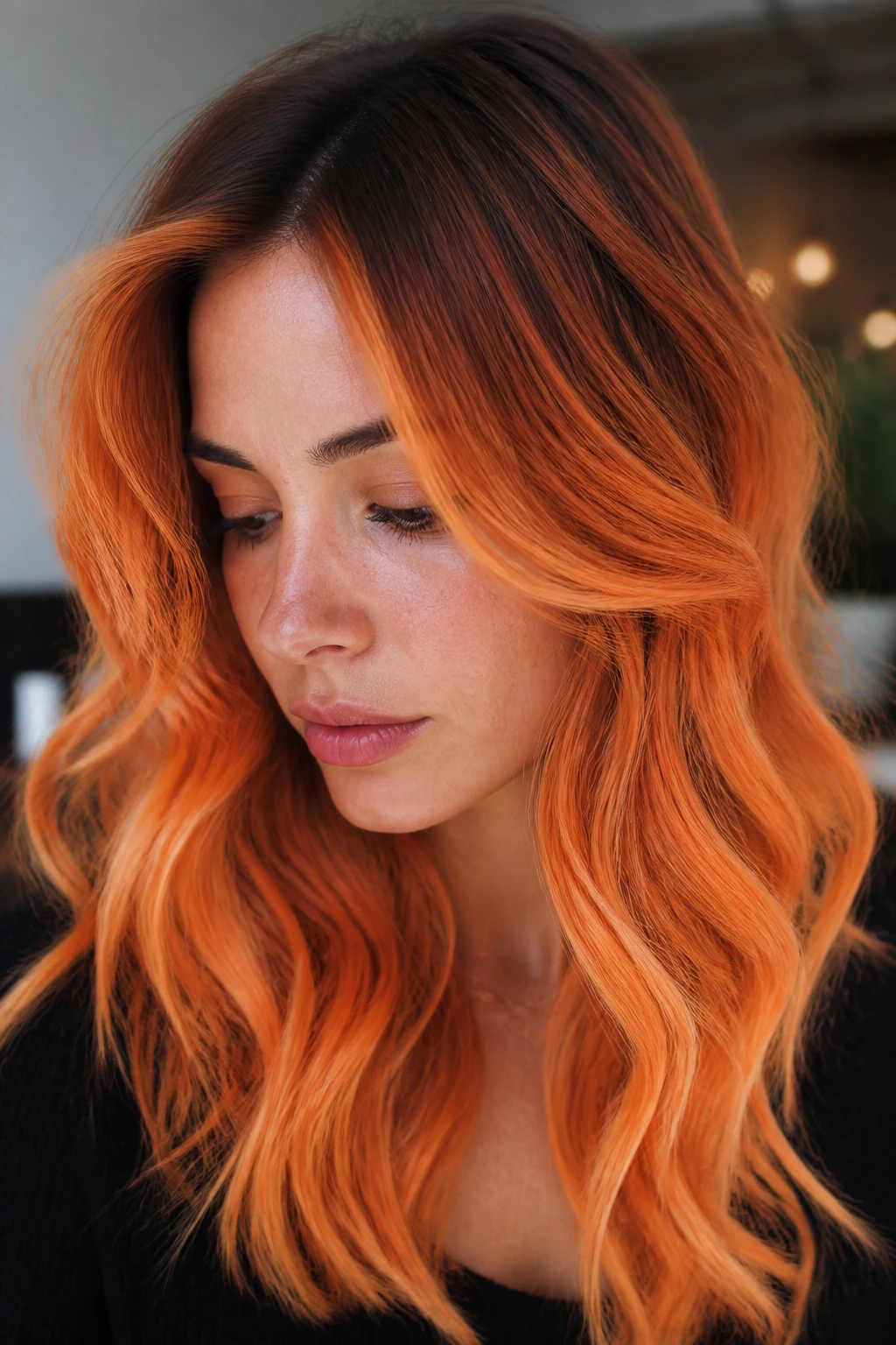 Real person with papaya hair showing deeper roots and brighter ends