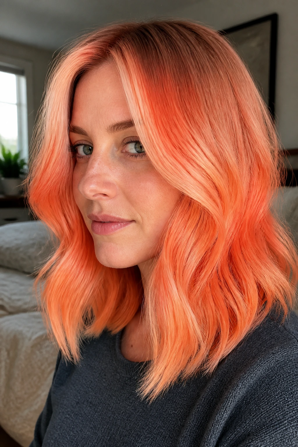 Close-up of a real woman with multi-tone papaya hair (peach, cool base) filling the frame