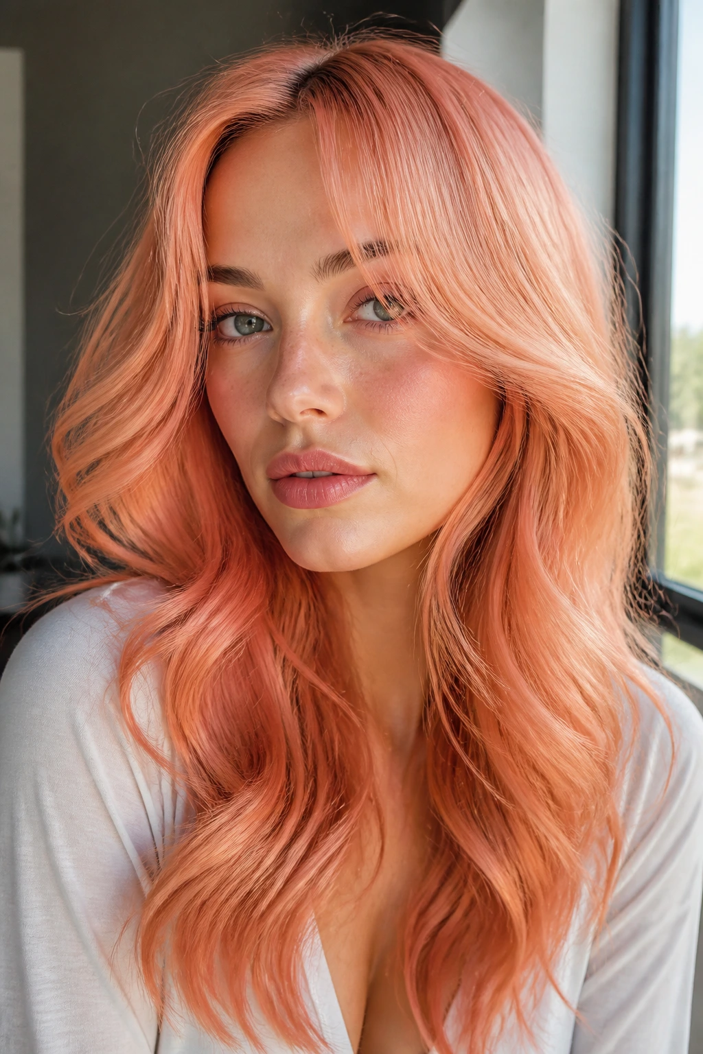 Real-person portrait with papaya hair wearing soft waves and face-framing layers