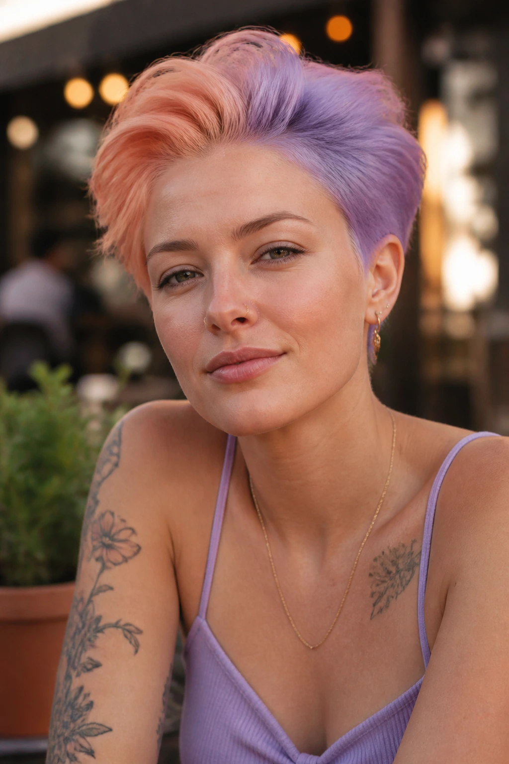 Portrait of a real woman with papaya and lilac split tone hair outdoors at golden hour
