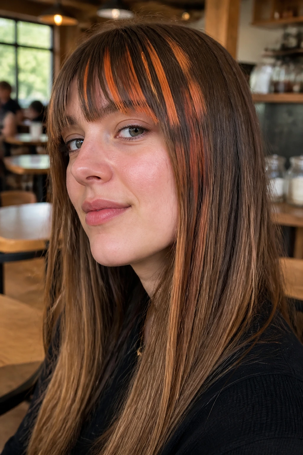 Close-up portrait showing papaya pixel highlights in hair