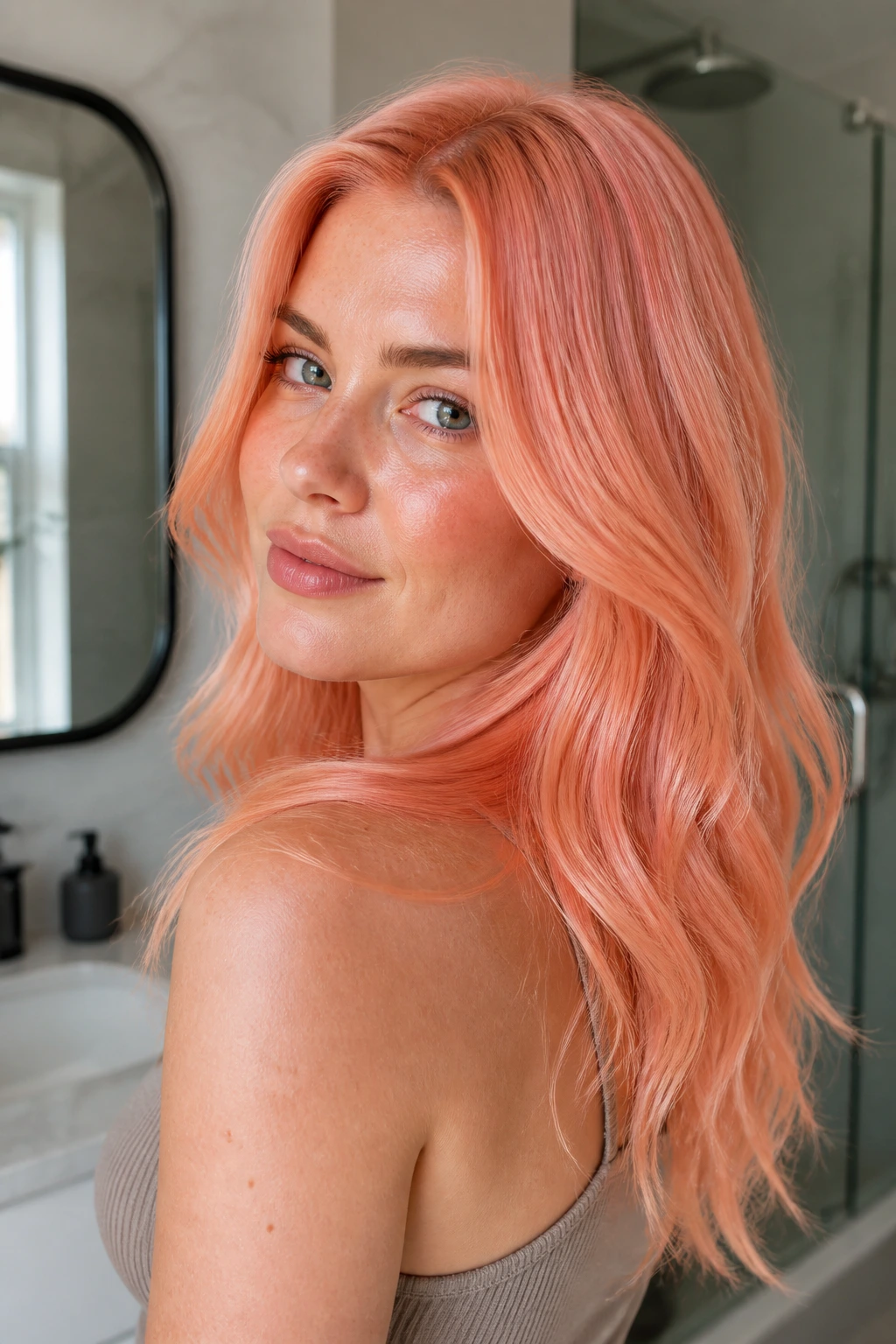 Close-up of papaya-haired woman in a bathroom showing glossy peach tones
