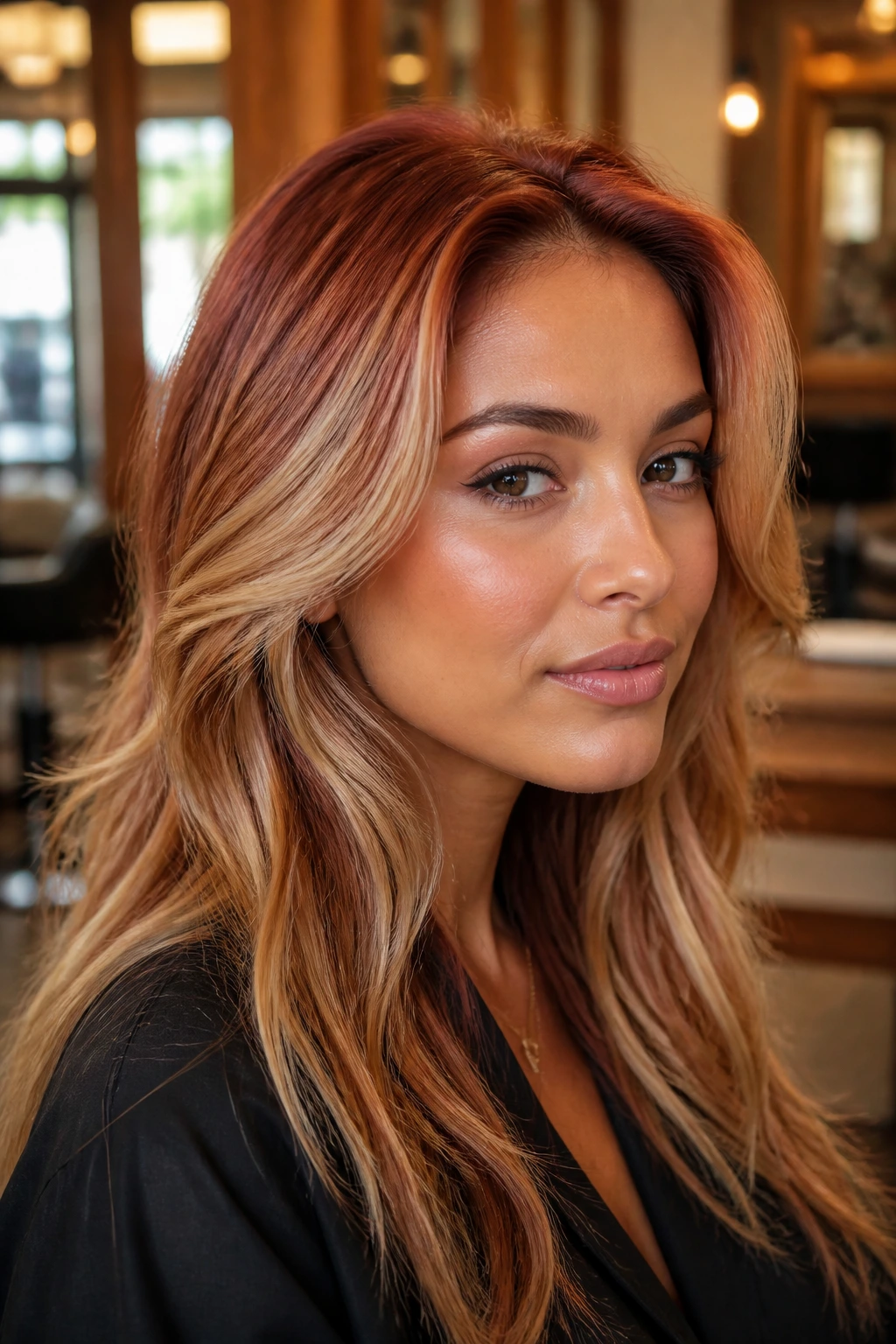 Close-up of a woman with paprika-root melt hair blending dark roots into blonde lengths.