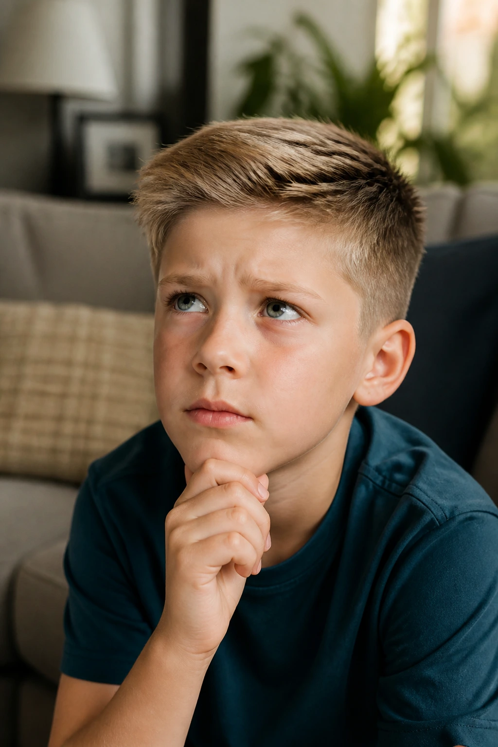 Portrait of a boy with neat haircut and thoughtful expression in a cozy living room