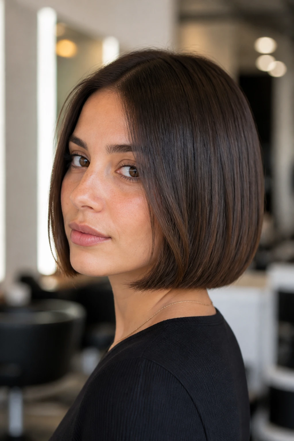 Close-up of a real person with a Paris bob featuring soft beveled ends