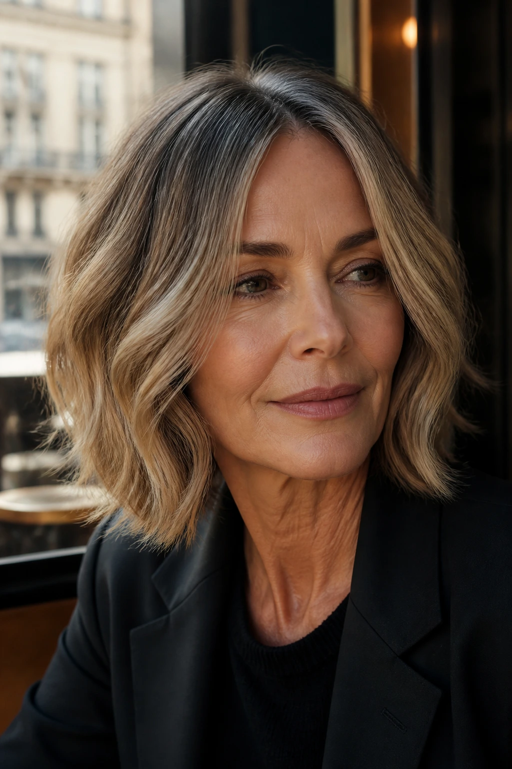 Close-up portrait of a woman with a Paris-leaning wave bob featuring center-part and cheekbone framing.
