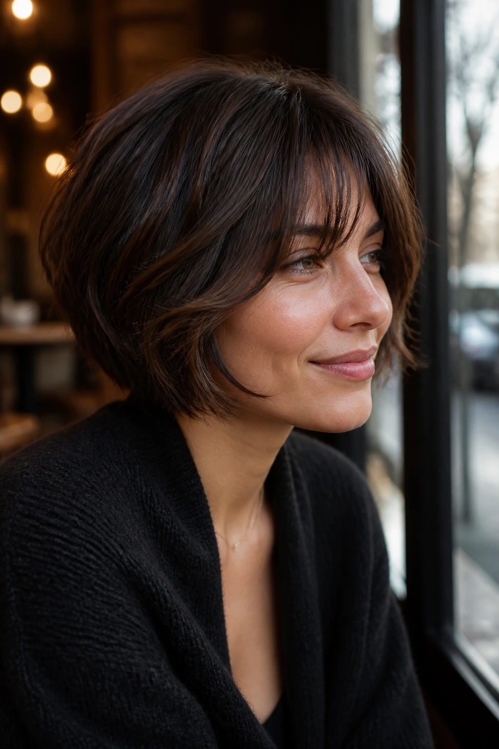Close-up portrait of a real woman with Parisian bob and dark mocha lowlights in cafe lighting