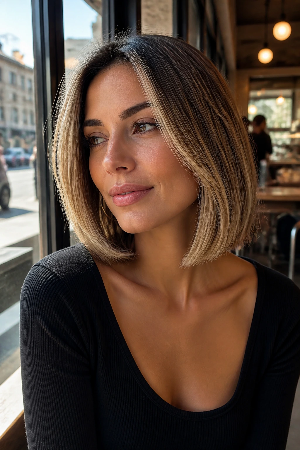 Real woman with collarbone bob and beige butter babylights under warm cafe light