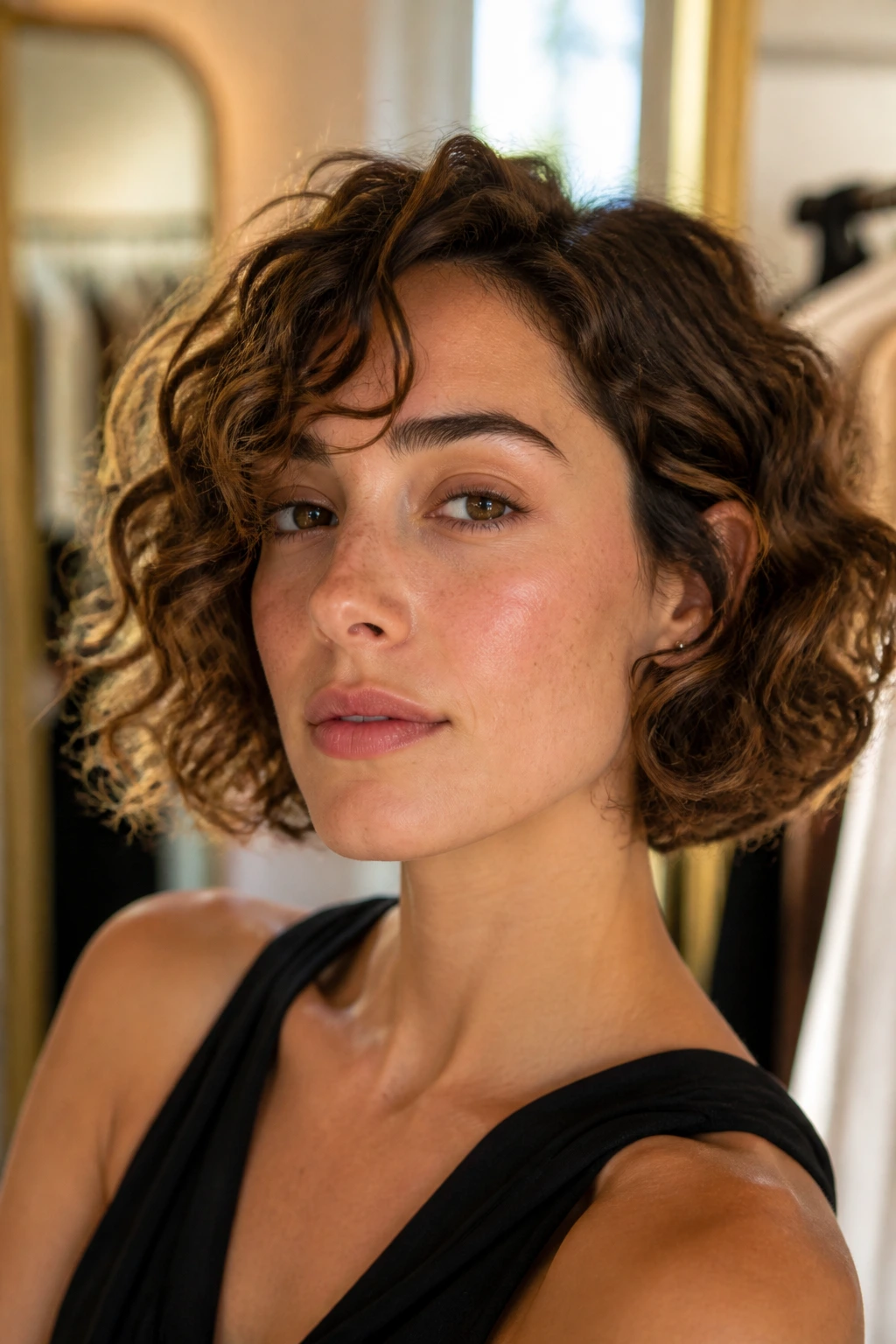Close-up portrait of a real woman with Parisian curly bob and sepia tones