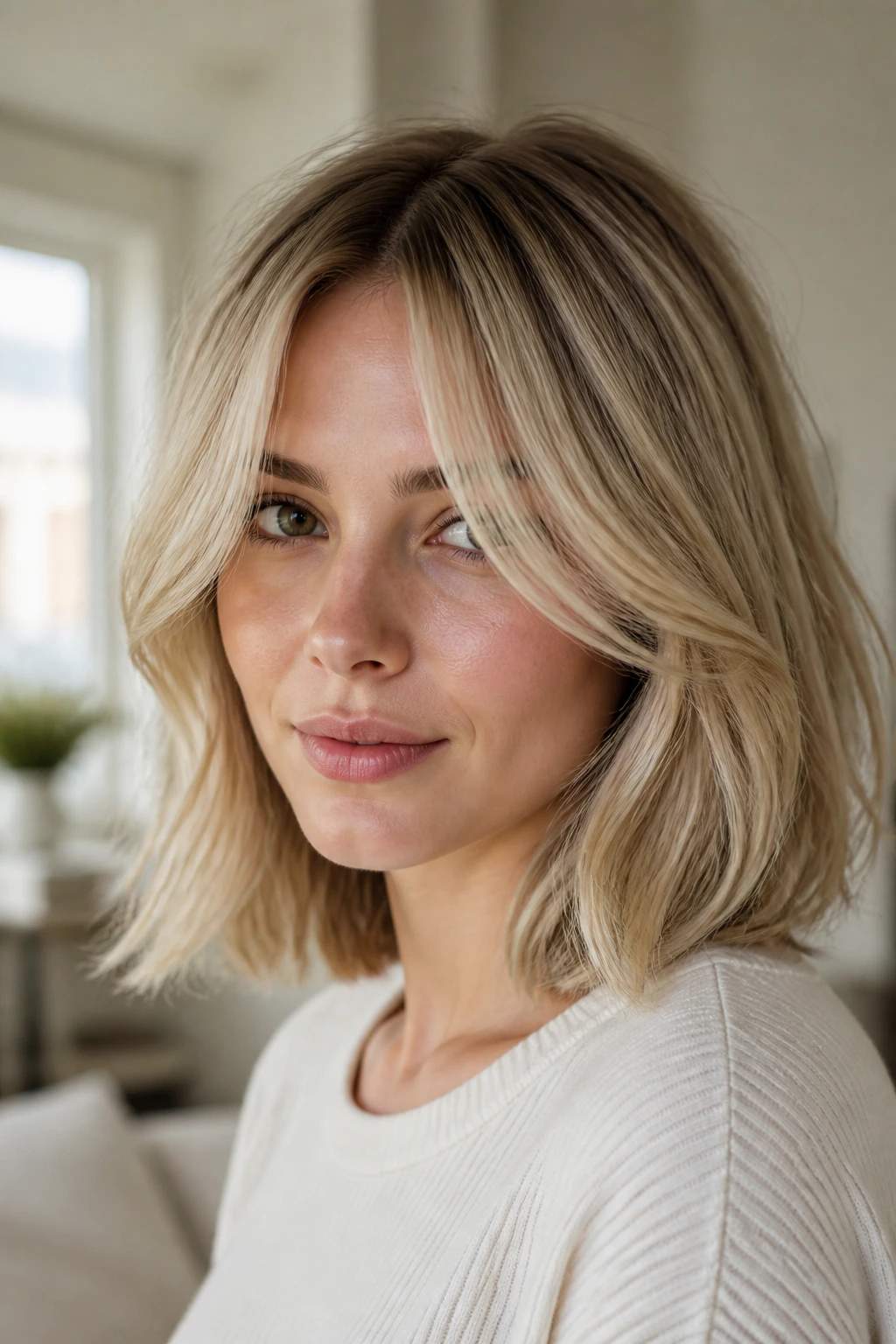 Close-up of a real woman with a Parisian curtain lob hairstyle in beige blonde