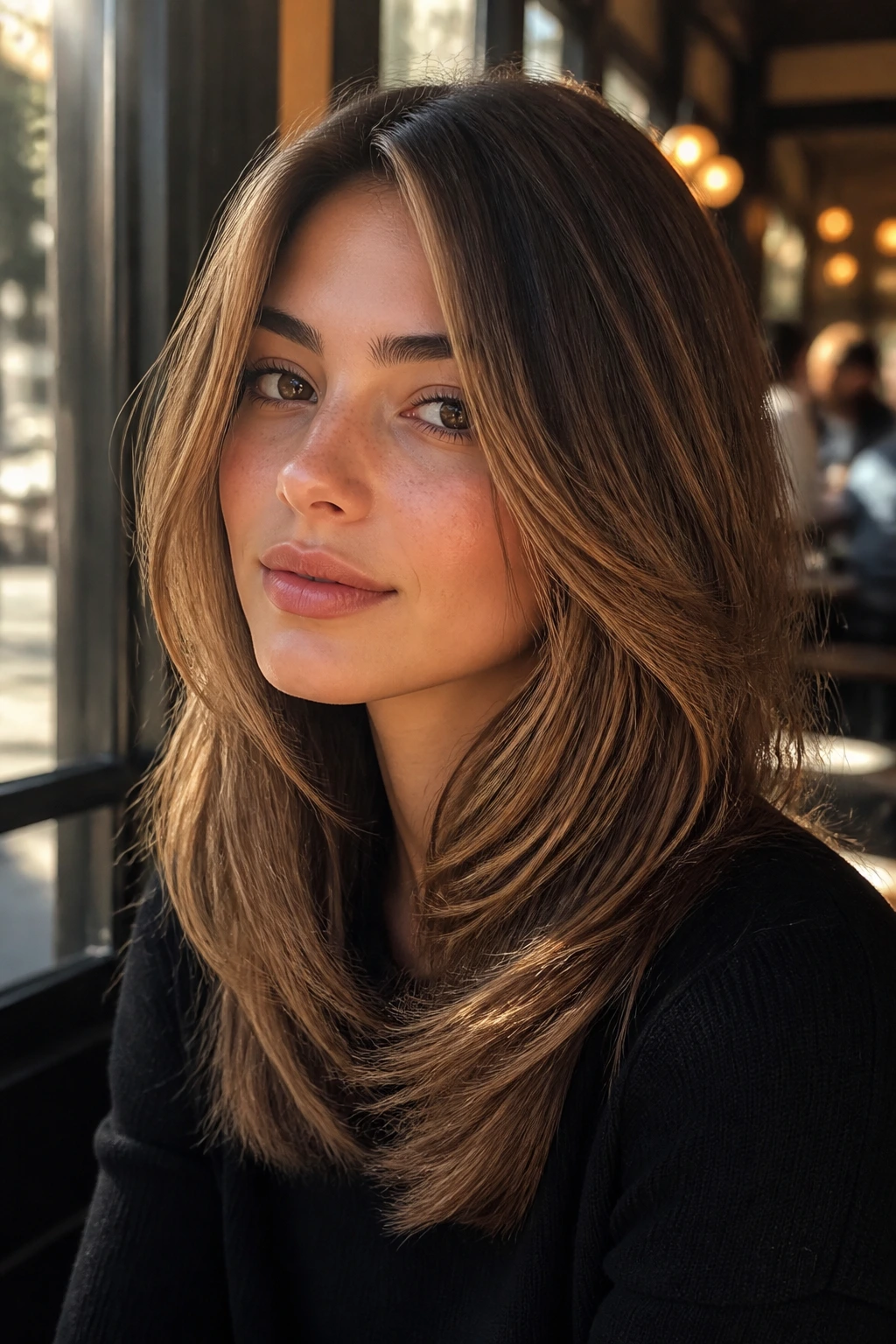 Portrait of woman with Parisian layers and dimensional caramel