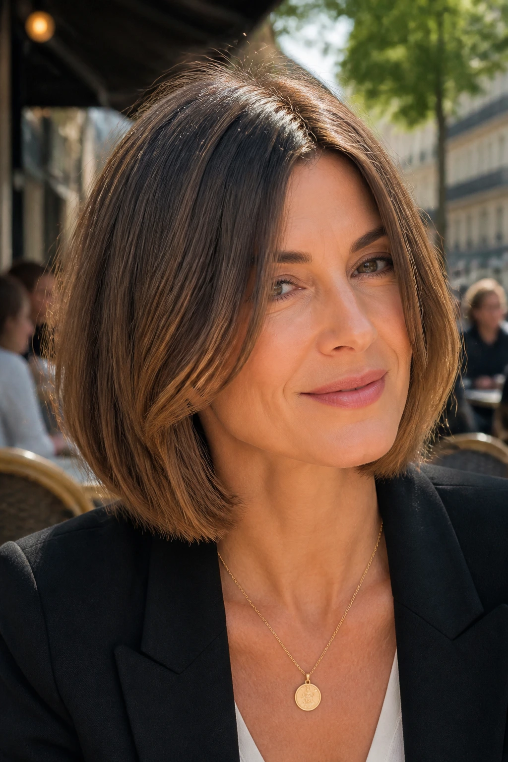 Portrait of a real woman with grazing front pieces in a Parisian lob.