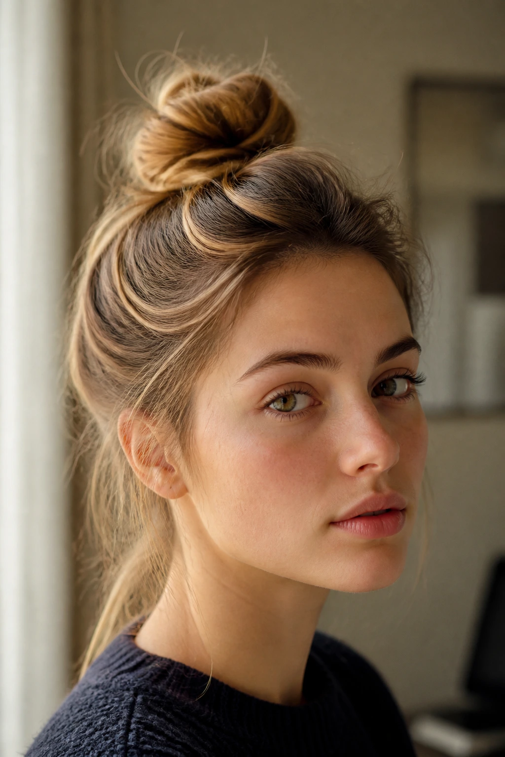 Portrait of girl with a Parisian top knot at the crown