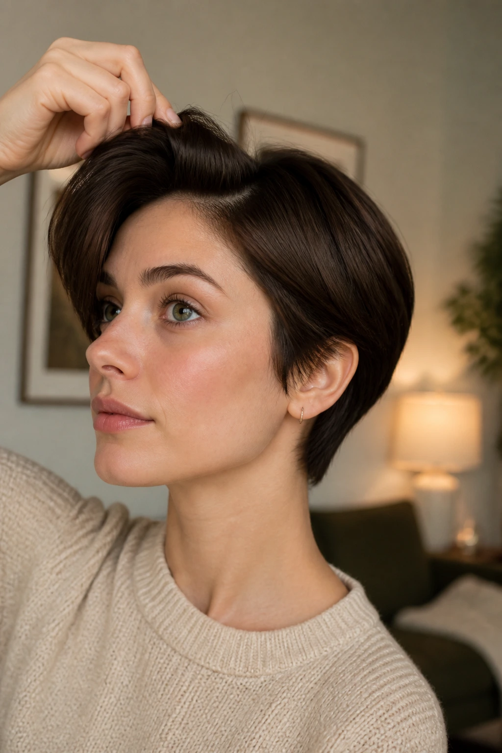 Close-up of hand adjusting part line on a short-hair subject