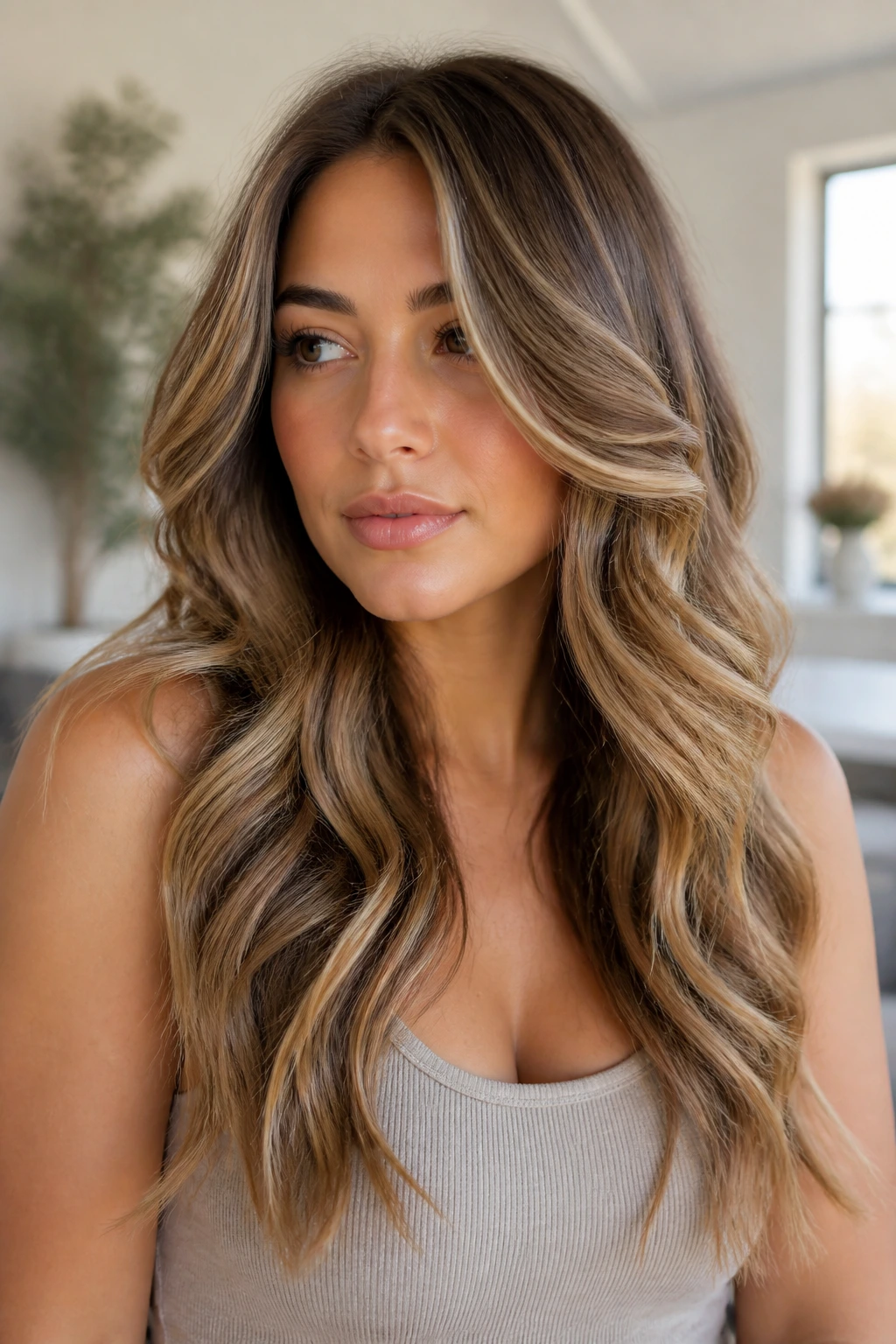 Portrait showing an off-center part and layered waves for a slimming effect.