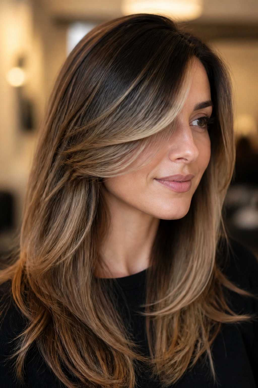 Portrait showing a deliberate side part and face-framing pieces.