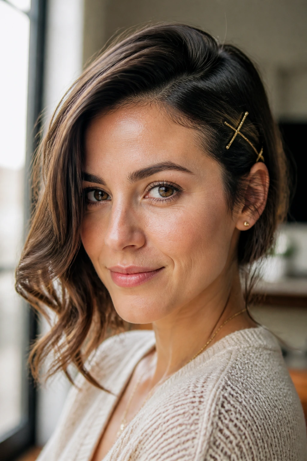 Close-up of a woman showing a side-part with two hairpins crossed in an X
