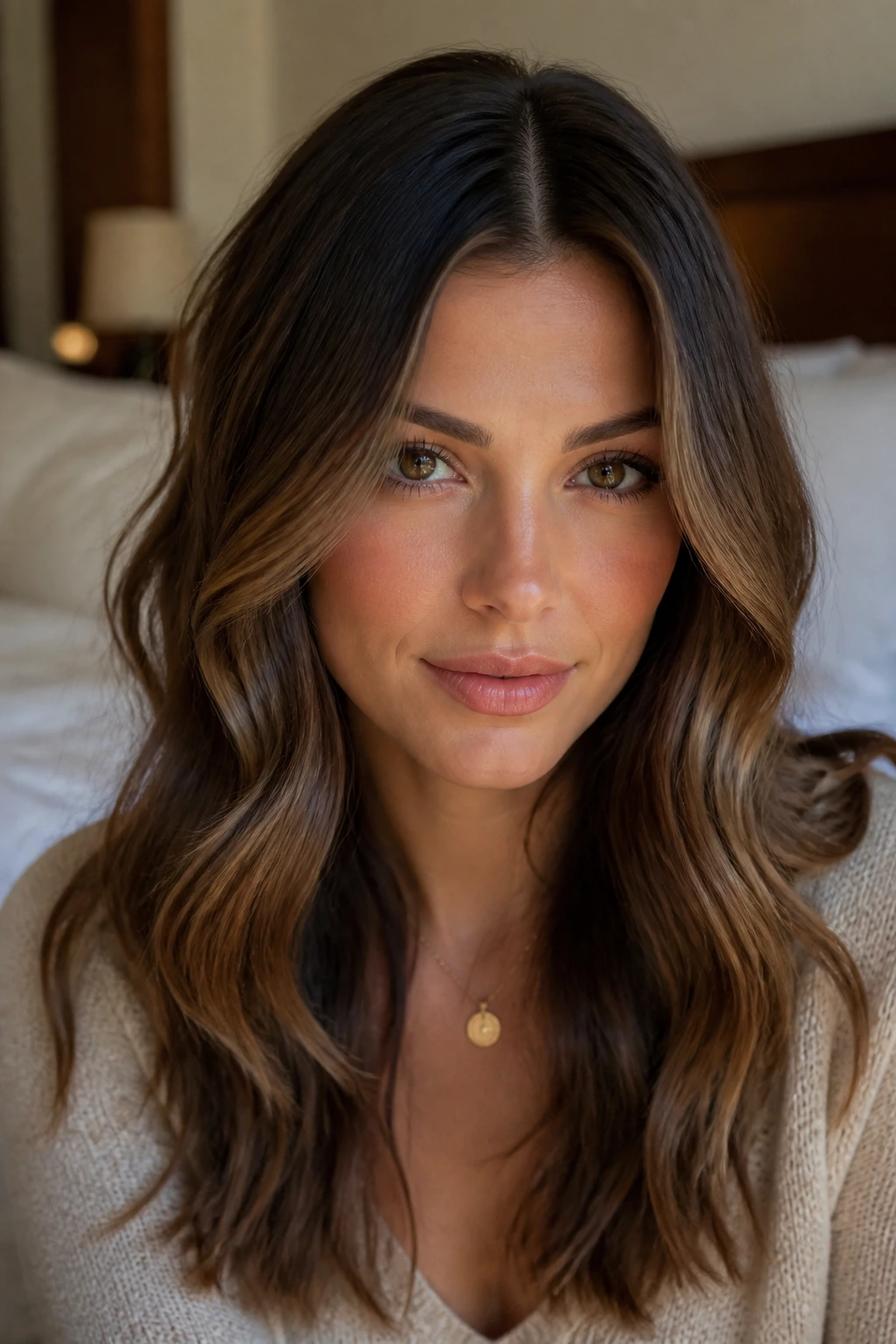 Close-up portrait of a real woman showing a middle part and soft waves
