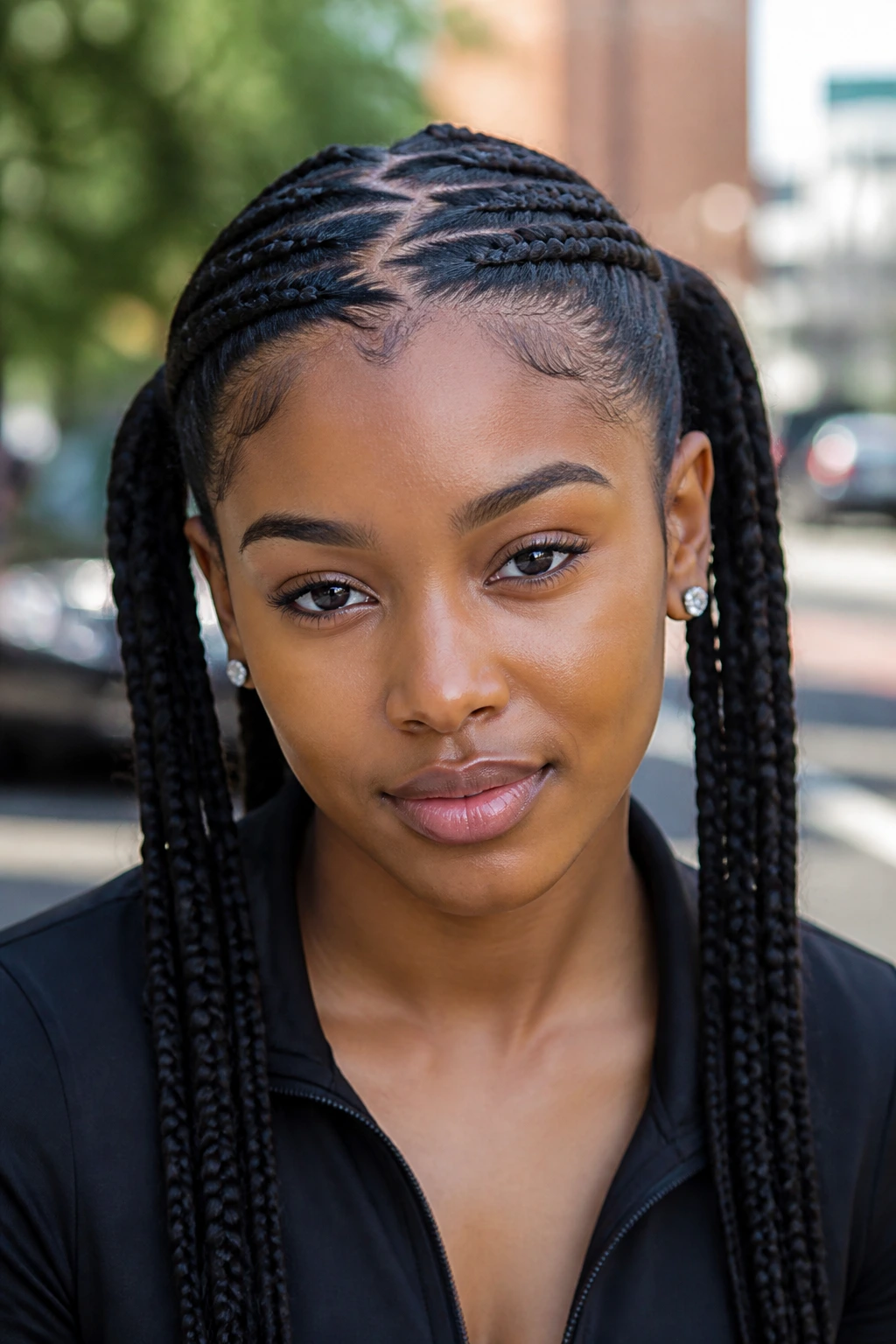 Front portrait showing zig-zag part in pigtail braids