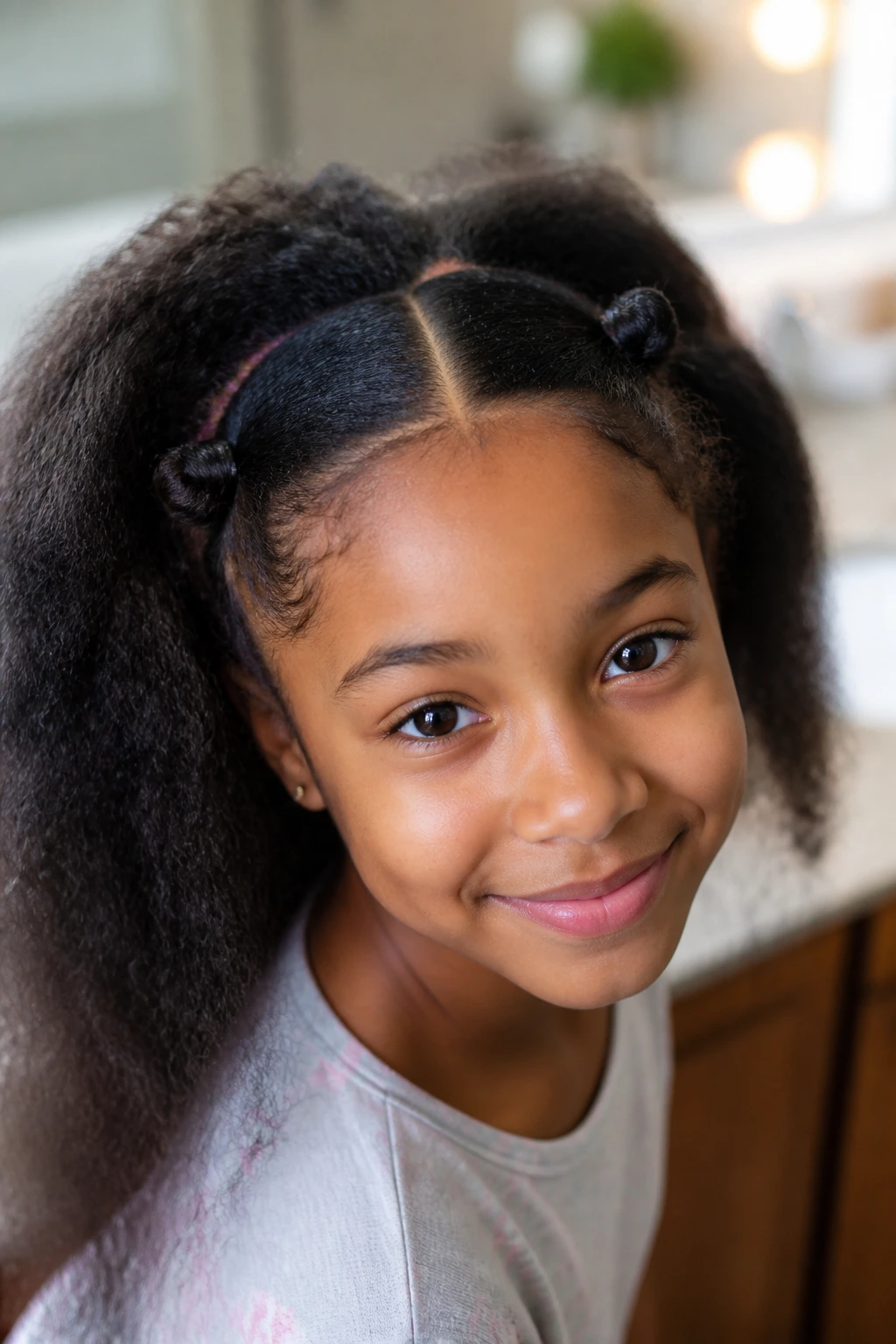 Close-up of a real child's thick hair with precise part lines
