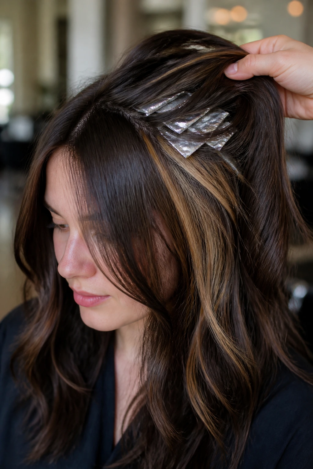 Hair showing hidden caramel foils under top layer on a real person