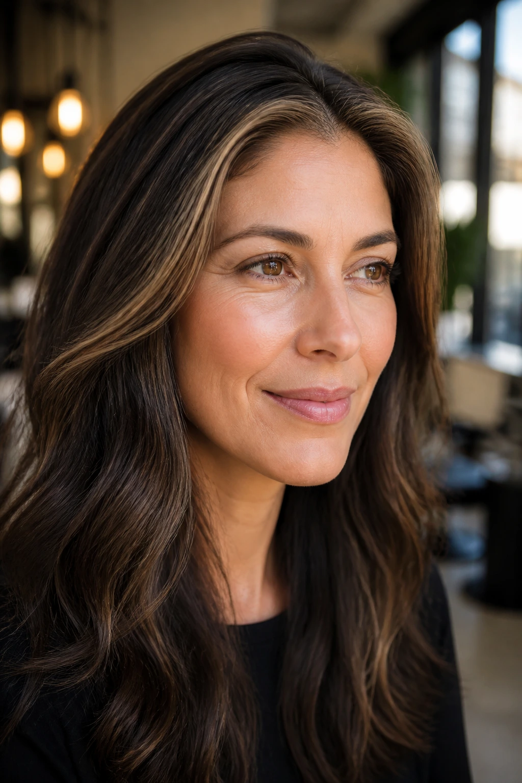 Close-up portrait of brunette hair with subtle partial highlights at the hairline.