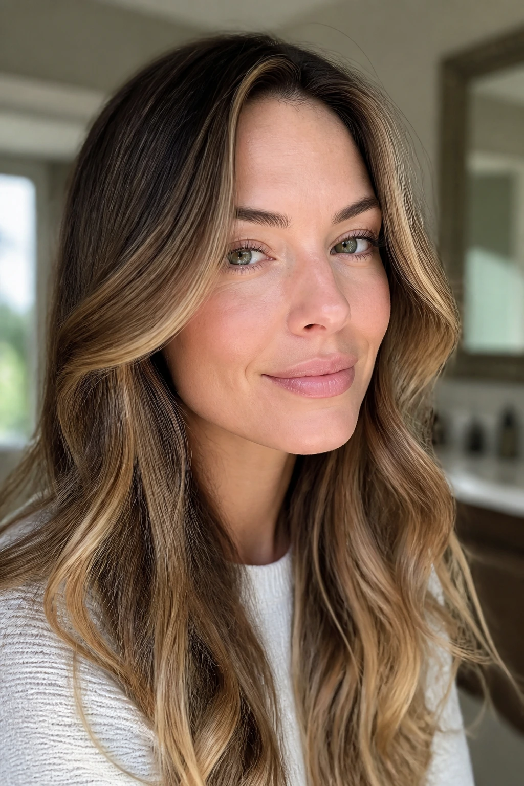 Close-up of hair with face-framing caramel partial highlights