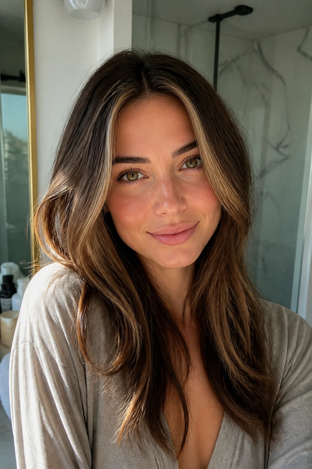 Portrait of brunette with fresh partial highlights by hairline