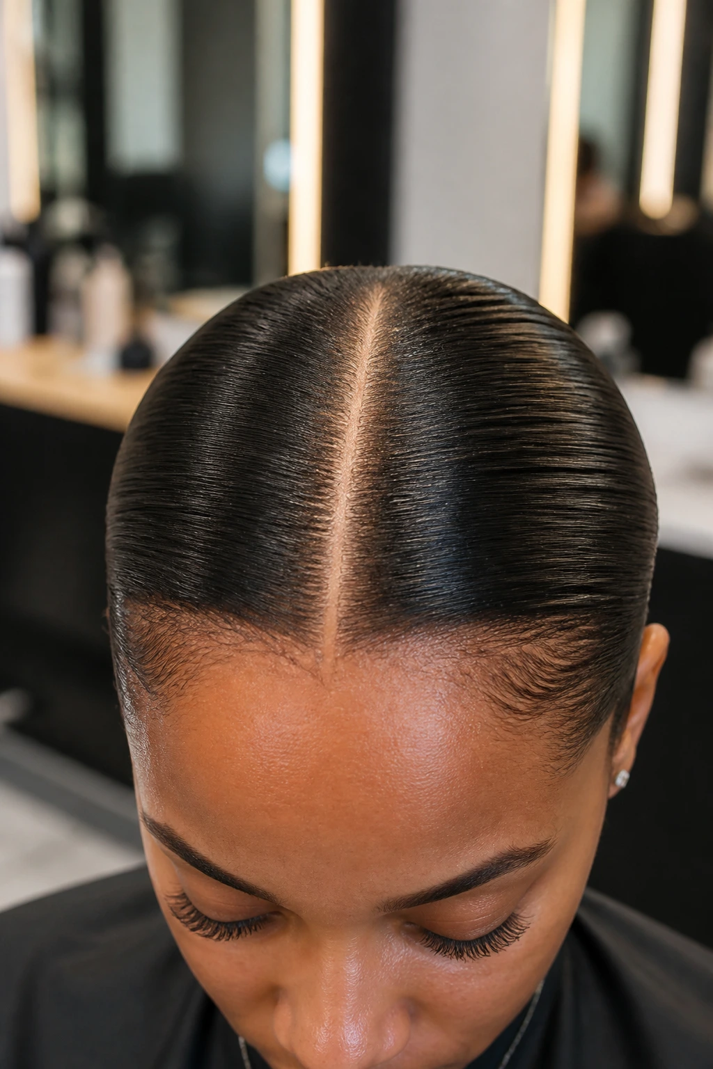 Close-up of crisp part line on real person's scalp