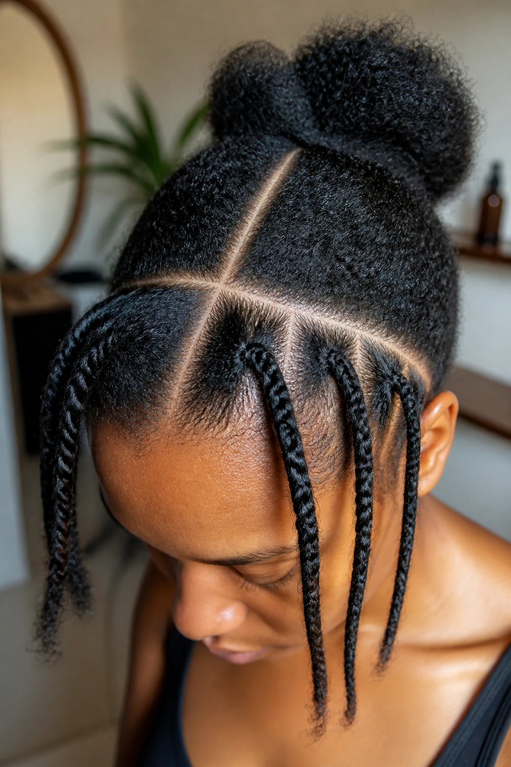 Close-up scalp with clean part lines created with rat-tail comb