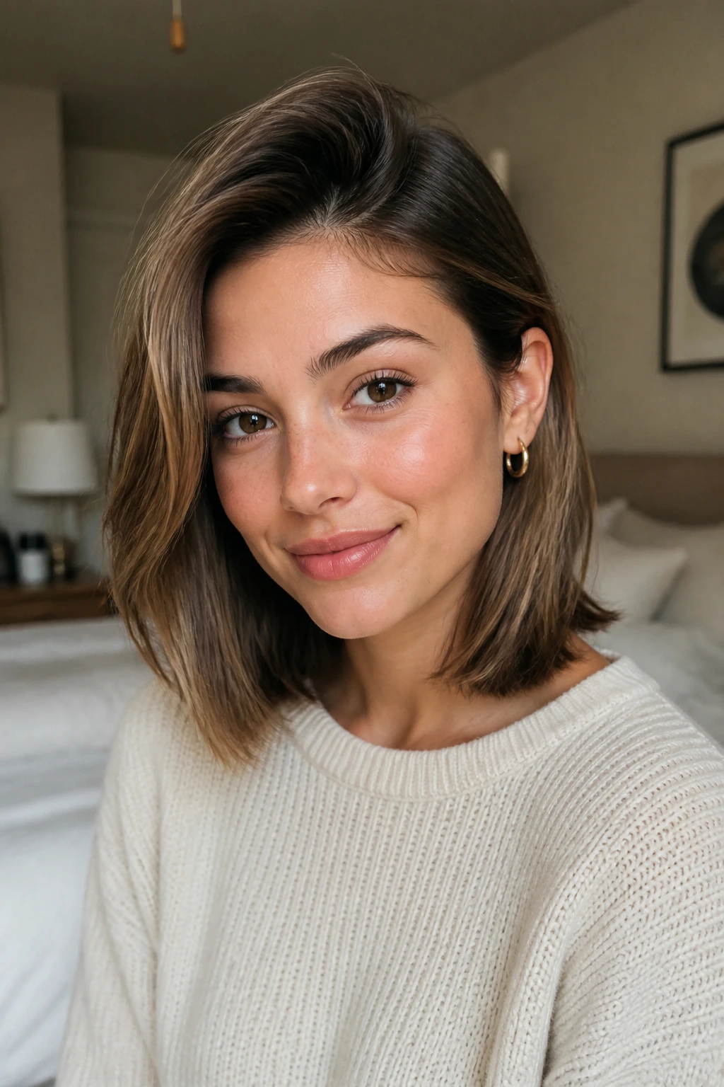 Portrait showing styling moves to elongate the face.