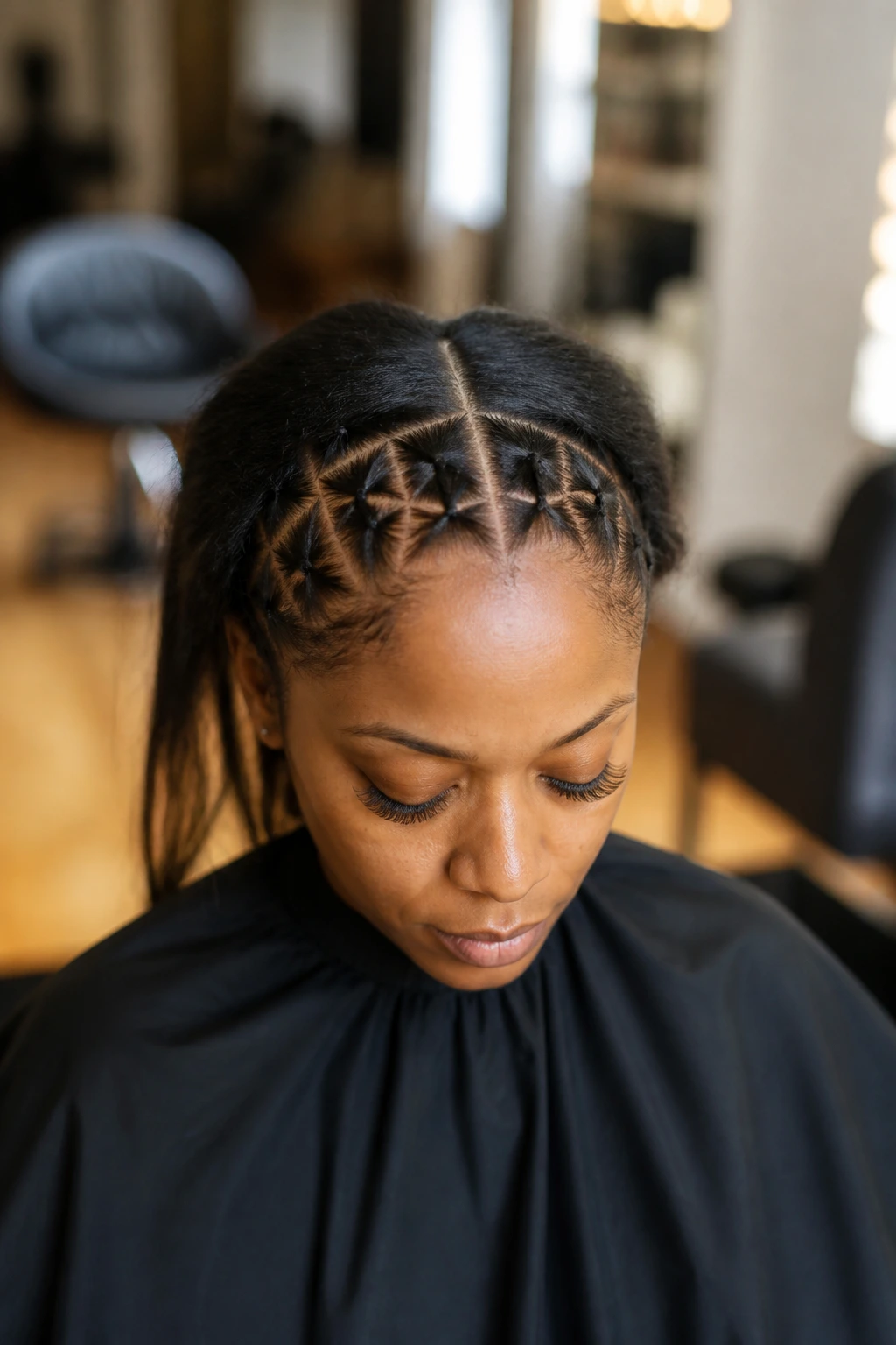 Real woman showing center and triangle scalp parts in a salon setting