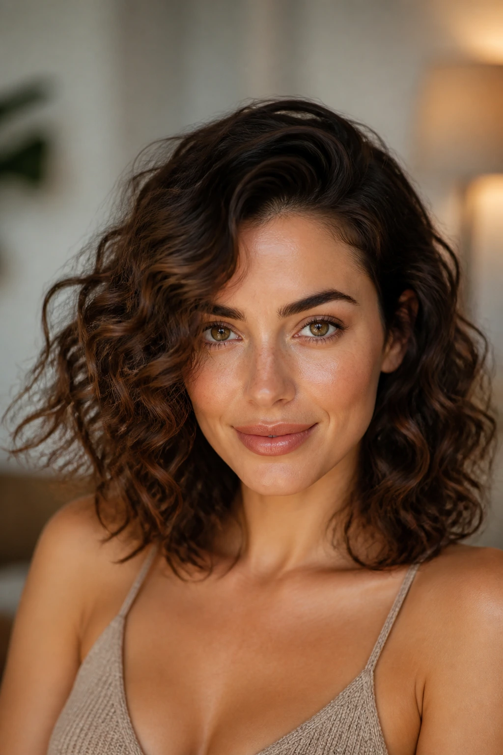 Portrait showing off-center part and away-from-face curls on an oval face