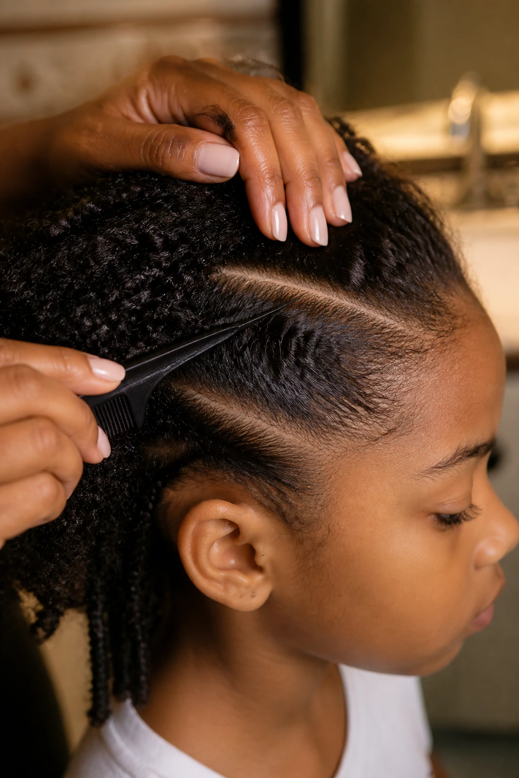 Close-up of a pre-parted hairline on a curly kid, showing a neat part and prep for braiding.