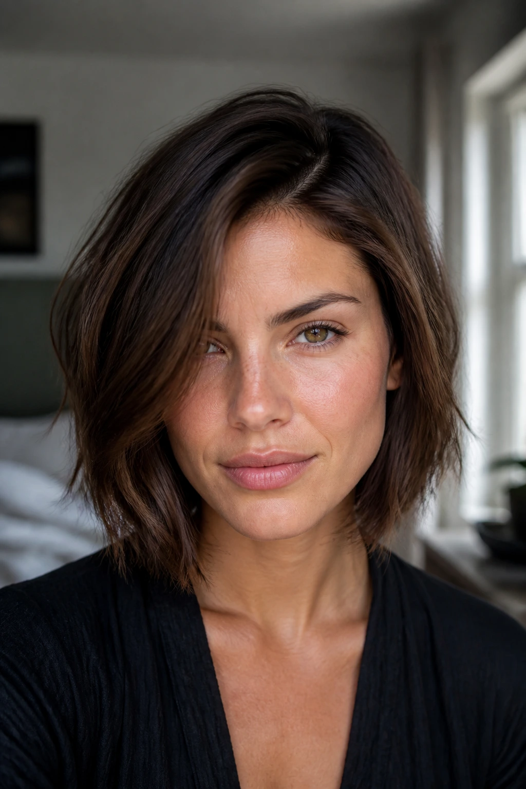 Parting shift close-up portrait of a real woman with a half-inch side part shift, soft window light.