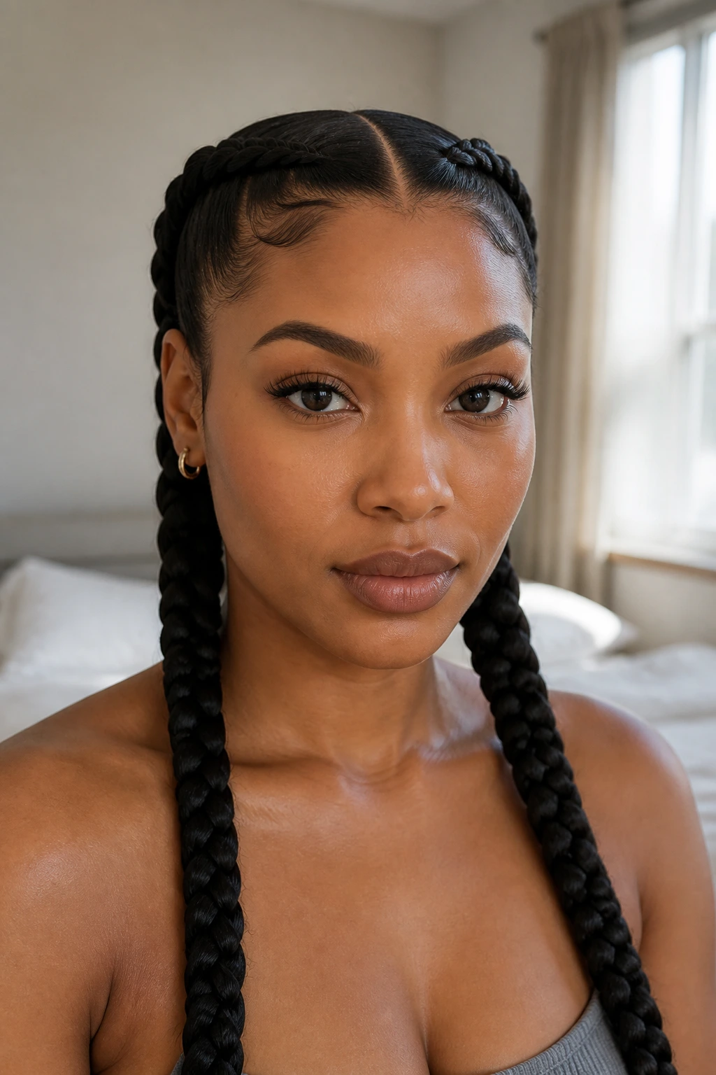 Close-up of real person with a clear hair part showing how parting changes face width