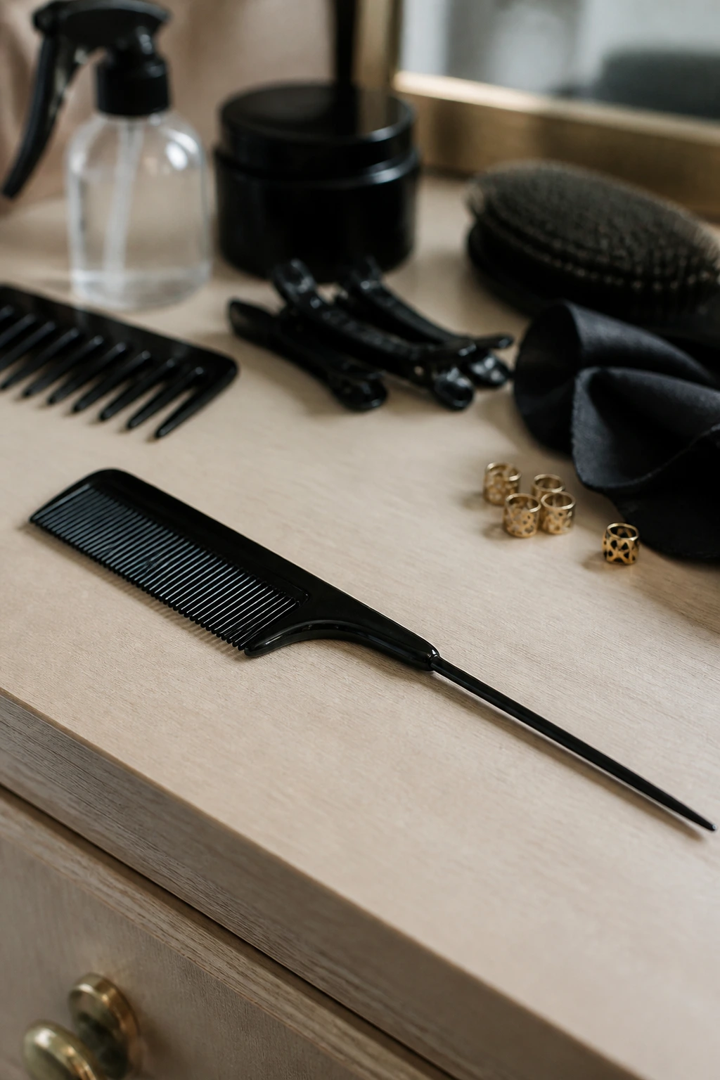 Close-up of a rat-tail comb on a wooden vanity for parting hair