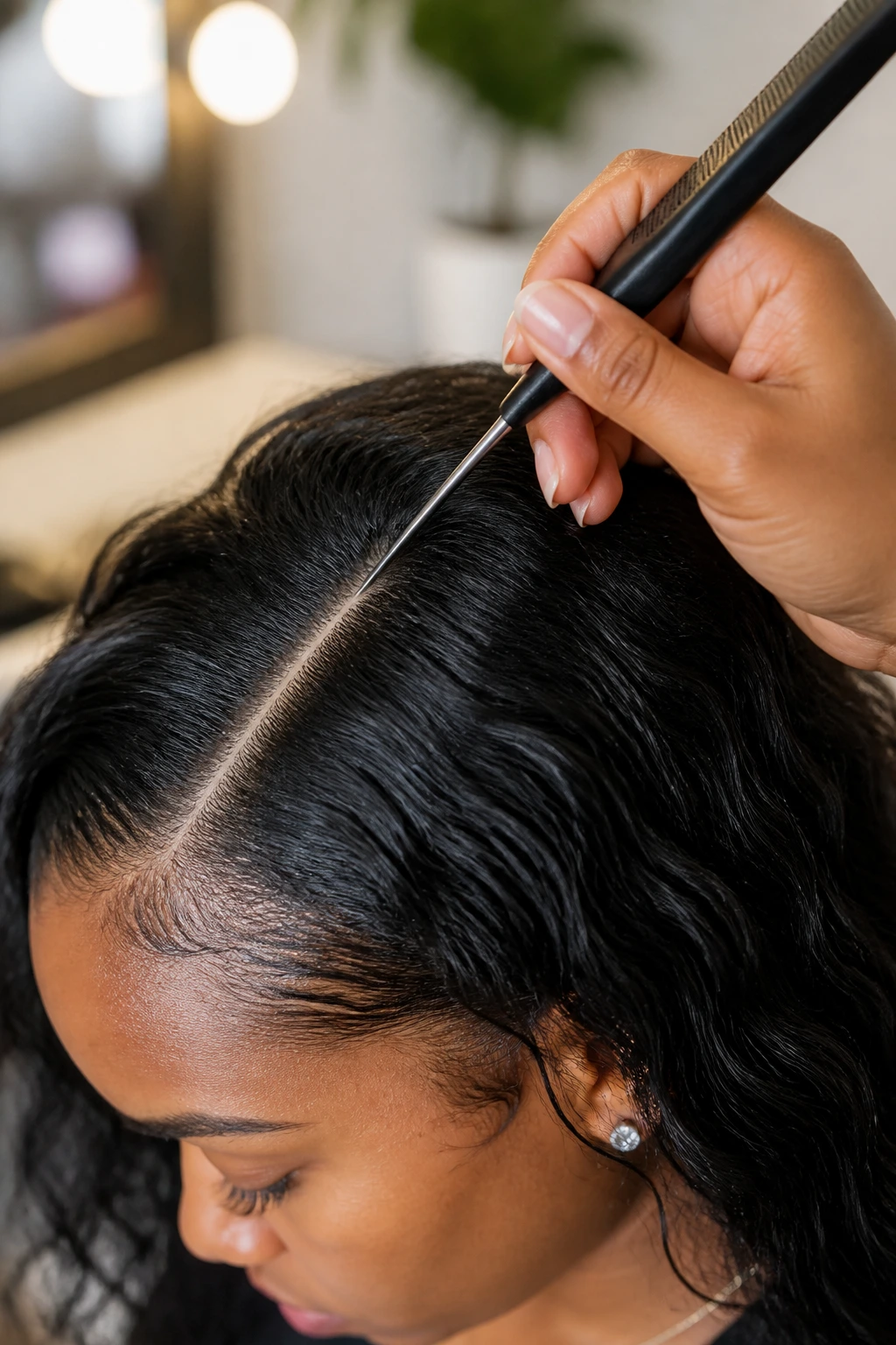 Hand parting hair with a rat-tail comb to create clean lines.