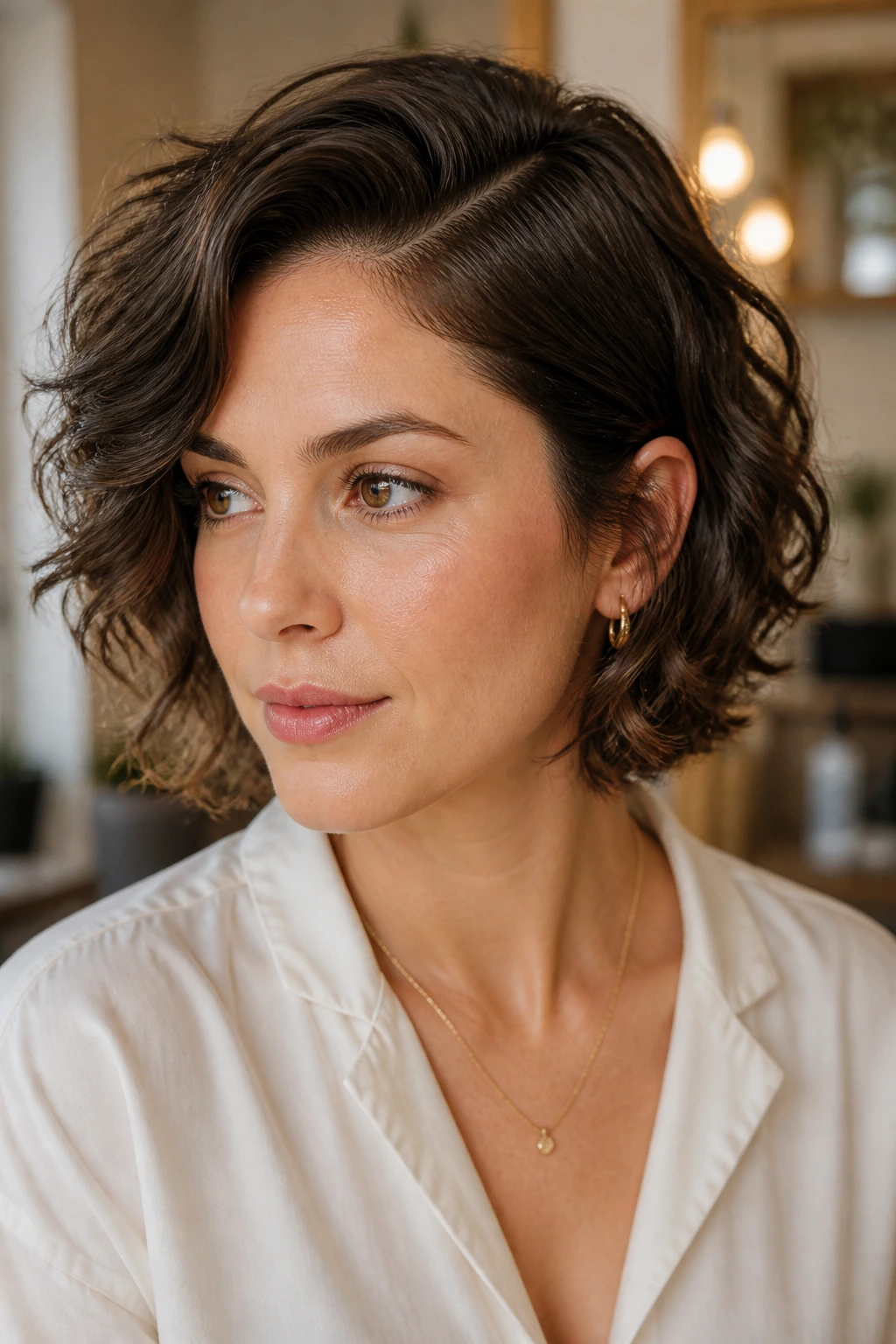 Real person with neck-length curls and a deep side part demonstrating finishes