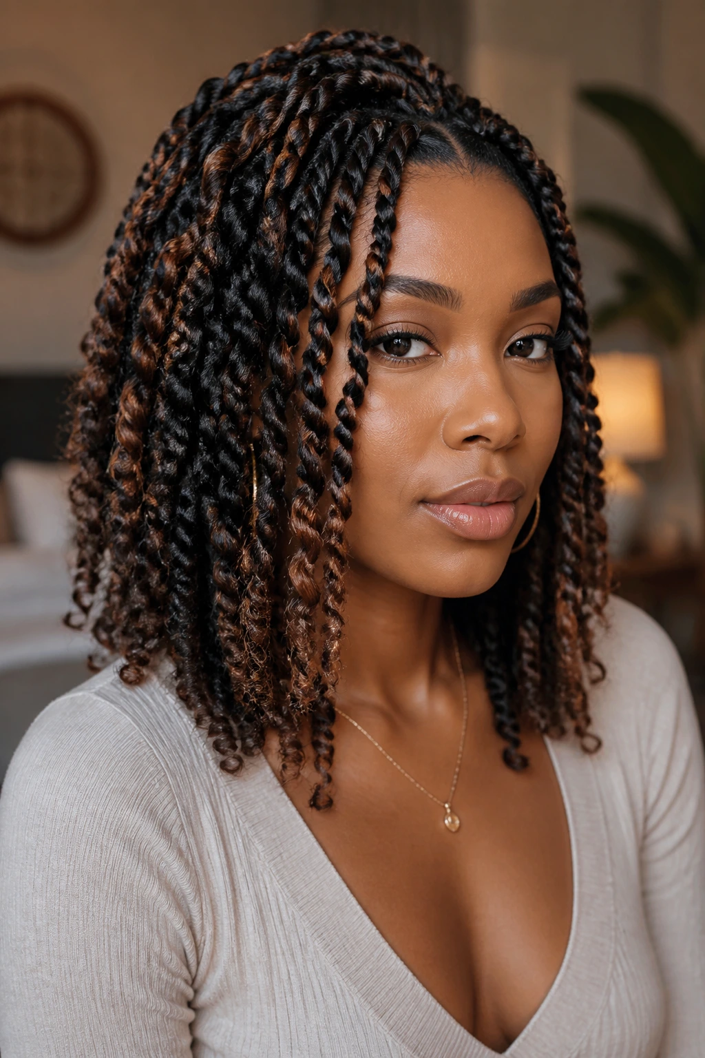 Portrait of a person wearing passion twists with caramel threading.