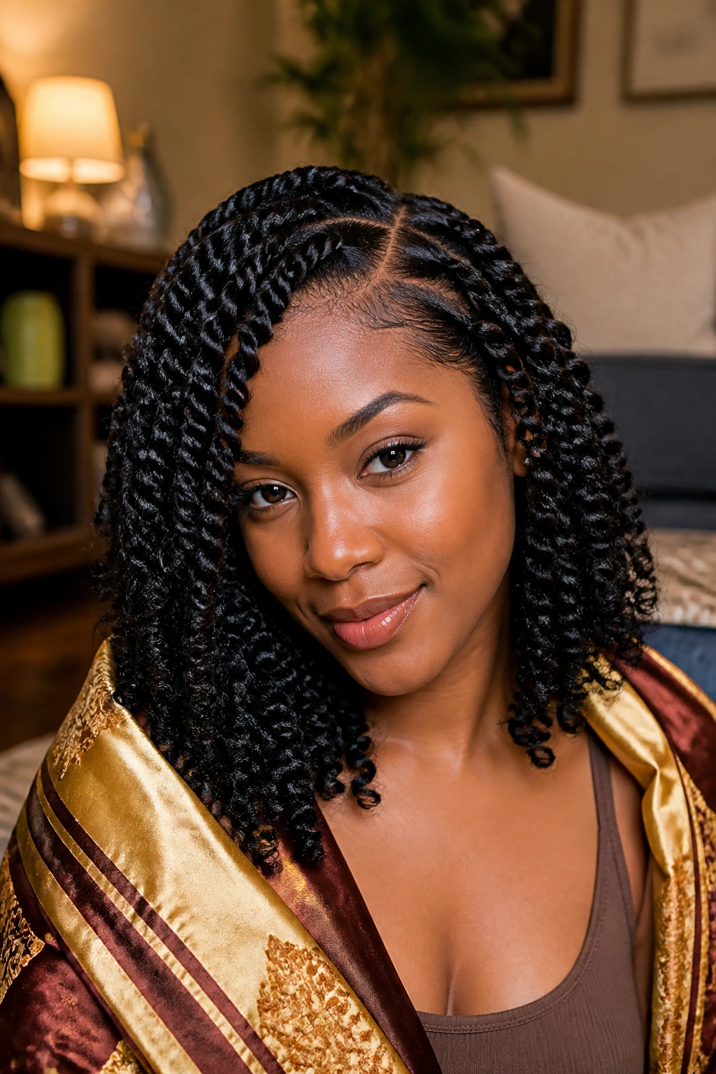 Close-up of a real Black woman with deep side-part passion twists