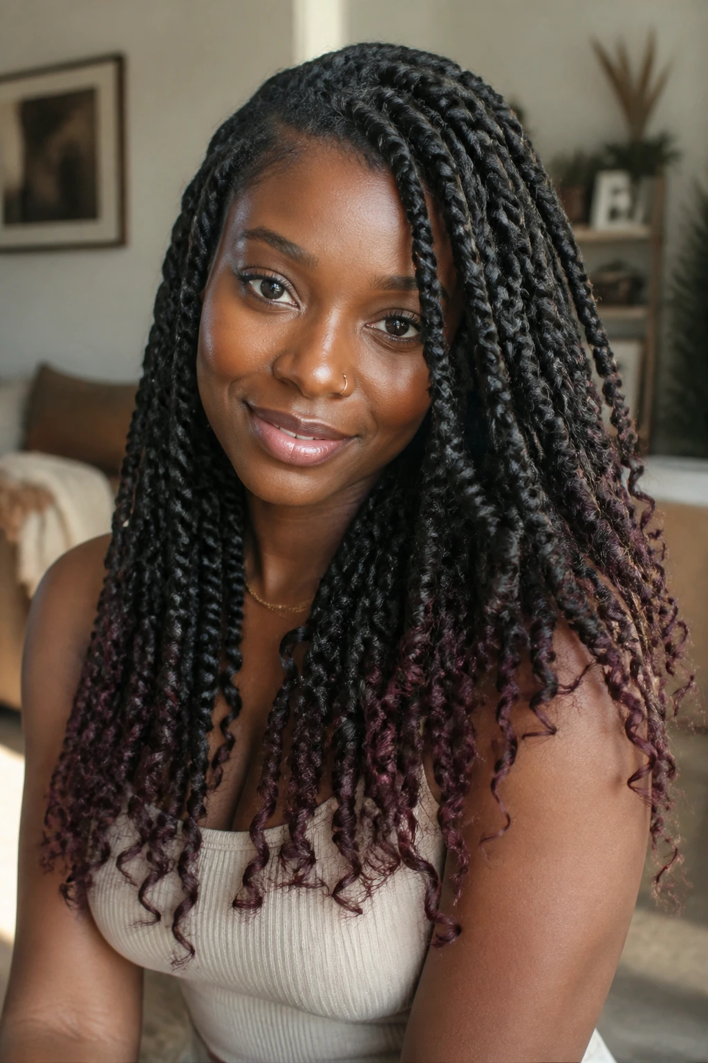 Passion twists with plum tips on real person, close-up portrait
