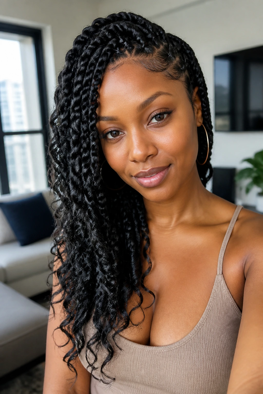 Close-up of a real woman with passion twists swept to one shoulder and loose curls.